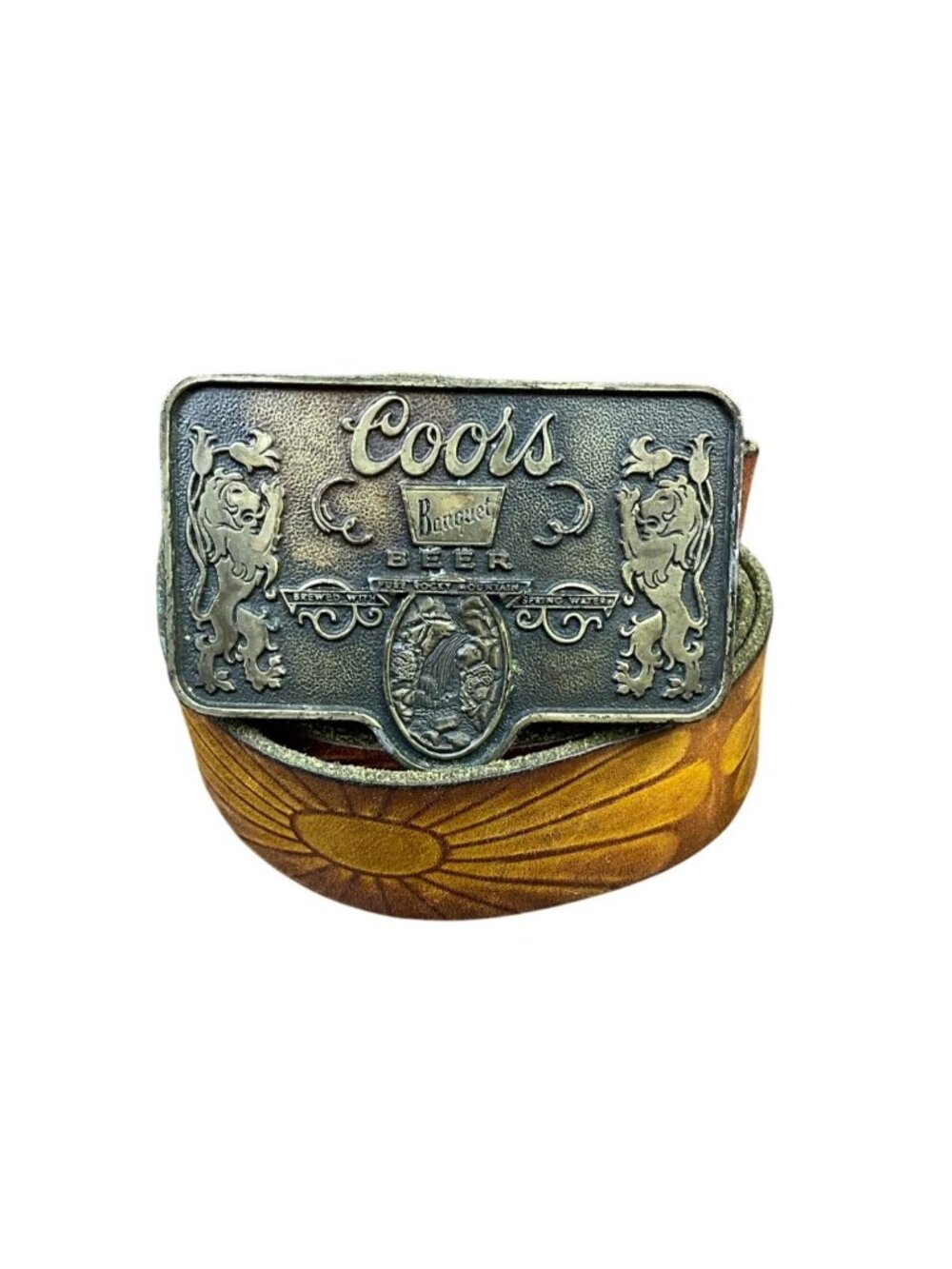 Coors Mens Brown Leather Belt & Brass Buckle Banquet Beer Sunflower Design
